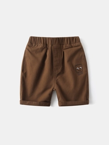Boys summer cotton shorts in dark brown with cute smile embroidery and elastic waistband