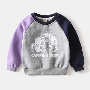 Detailed flat lay of children fleece sweatshirt with color-block sleeves and camping bear print