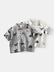 Boys Short Sleeve Polo Shirt Cotton Blend Dinosaur Print Cartoon Summer Top Kids Casual Contrast Lapel T-Shirt For Boys