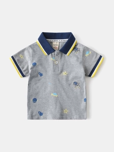 Kids grey polo shirt with space prints featuring astronauts and rockets for summer