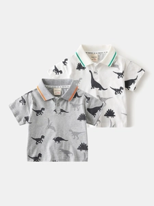 Kids short sleeve dinosaur print cotton polo shirt set in white and grey colors