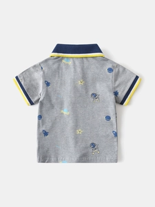 Kids grey cotton polo shirt with space theme astronaut and planet prints