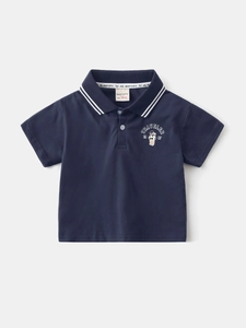 Polo bleu marine pour garçon avec imprimé ours Traveler 1987 et col à rayures