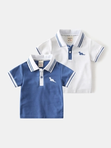 Set of two boys cotton polo shirts in white and blue with striped collar and embroidery