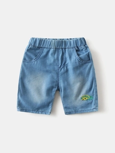 Boys Denim Shorts Cartoon Dinosaur Embroidery Elastic Waist Soft Washed Cotton Summer Casual Kids Short Pants Light Blue