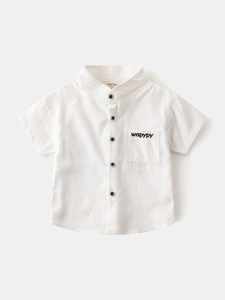 Boys white short sleeve V-neck shirt with embroidery pocket and black button detail