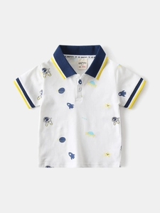 Kids white cotton polo shirt with space astronaut print and contrasting collar details