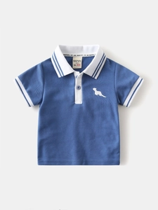 Boys blue short sleeve polo shirt with white collar and dog embroidery for summer