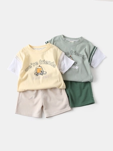 Boys summer cotton t-shirt and shorts set with cartoon hippo prints in yellow and green
