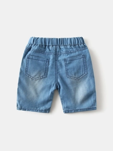 Kids light blue wash denim shorts with elastic waistband and double back pockets