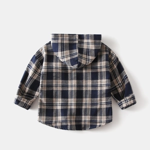 Detailed flat lay of children's thick plaid hooded shirt with soft brushed cotton texture