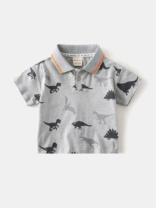 Kids grey short sleeve polo shirt with all-over dinosaur print and orange striped collar