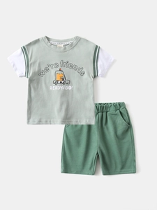 Toddler boy summer set featuring green raglan tee with cartoon hippo and matching shorts