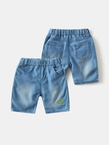 Boy's denim shorts with elastic waist and dinosaur embroidery in light blue wash