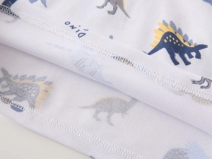 Macro detail of breathable mesh fabric with cartoon dinosaur print and 'DINO' text