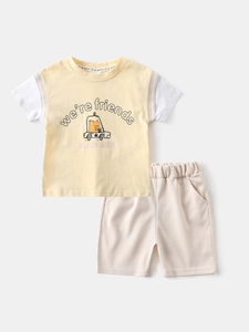 Boys summer cotton set with yellow cartoon hippo t-shirt and beige shorts outfit