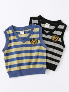 Boys V-neck striped knit vests in preppy style with embroidered crest on white background