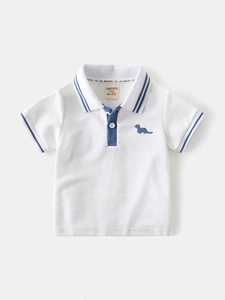 White cotton boys polo shirt with blue embroidery and tipping details for summer