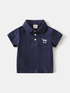 Polo classica a maniche corte blu scuro per bambini con ricamo a forma di cucciolo