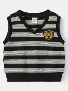 Classic black and white striped V-neck knitted vest for boys with embroidered badge