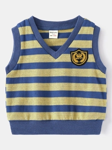 Boys' V-neck knit vest in navy and yellow stripes with a crown embroidered crest