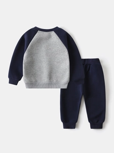 Kids long sleeve sweatshirt set with navy and grey raglan sleeves and matching joggers