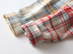 Dettaglio dei polsini di camicia in flanella a quadri nei colori giallo-blu e rosso-blu