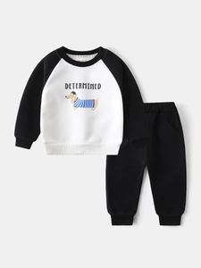 Kids colorblock tracksuit with cartoon dachshund print and black jogger pants