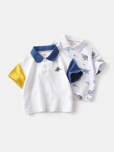 Boys Short Sleeve Polo Shirt Cotton Blend Cartoon Dinosaur Print Color Block Collared Top For Toddler Kids Summer Casual Wear