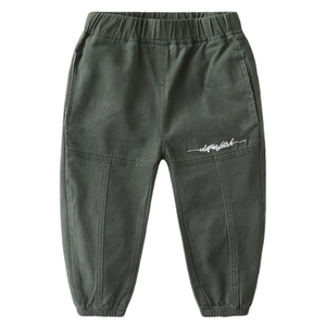Boys' olive green cargo jogger pants with elastic waist and white embroidery