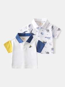 Kids short sleeve cotton polo shirts set with cute dinosaur embroidery and dinosaur prints