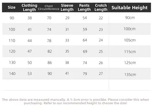 Detailed size chart for kids boys casual two-piece shirt set including measurements
