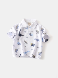 Kids short sleeve polo shirt with all-over cartoon dinosaur print and lapel collar