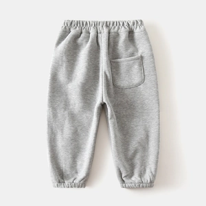 Rear view of grey fleece-lined joggers for boys with back pocket and elastic waistband