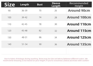 Detailed size chart for boys' long-sleeve shirts showing lengths and height recommendations