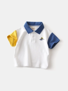 Toddler boys color-block cotton polo shirt with cute dinosaur embroidery and turn-down collar