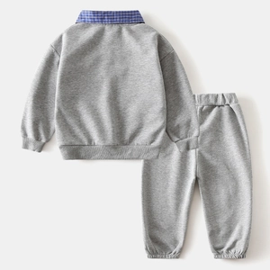Rear view of children's grey casual two-piece set featuring blue plaid collar detail