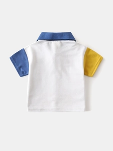Kids short sleeve polo shirt with blue and yellow color block design on white cotton