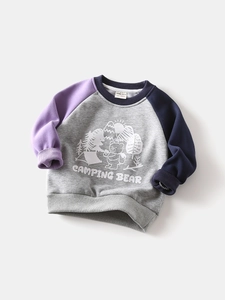Kids Fleece Lined Cotton Blend Sweatshirt Thick Winter Patchwork Sleeve Camping Bear Print Pullover Top For Boys Girls