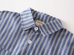 Detail eines blau-weiß gestreiften Baumwollhemdenkragens mit Stickerei und weißen Knöpfen