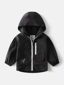 Kids black hooded fleece jacket with white dinosaur print and contrast zipper detail