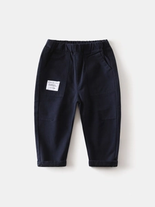 Boys navy blue cargo trousers with elastic waist and stylish side pocket letter patch