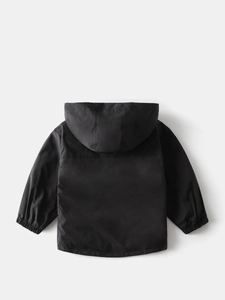 Back view of a black hooded windproof jacket for children with elastic cuffs