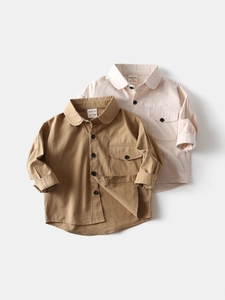 Chemise à Manches Longues en Coton Style Japonais pour Garçons Décontracté Couleur Unie Haut à Col Rabattu avec Poche
