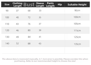 Detailed size chart for boys' fleece sweatshirt showing length, bust, and sleeve measurements