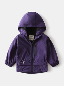 Kids purple hooded fleece jacket with windproof fabric and dinosaur roar print