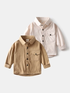 Chemises à manches longues pour enfants en coton kaki et beige avec poches boutonnées