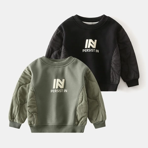 Detail of boys' quilted sleeve sweatshirts featuring embossed text in black and olive green
