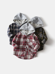 Chemise à Capuche à Carreaux Manches Longues Garçon Haut en Coton Patchwork Automne Enfant Décontracté à Boutons
