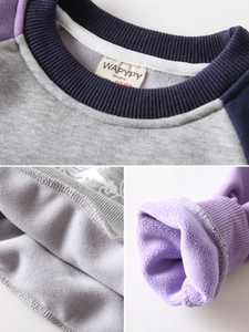 Winter kids fleece sweatshirt with purple and grey color block sleeves for boys